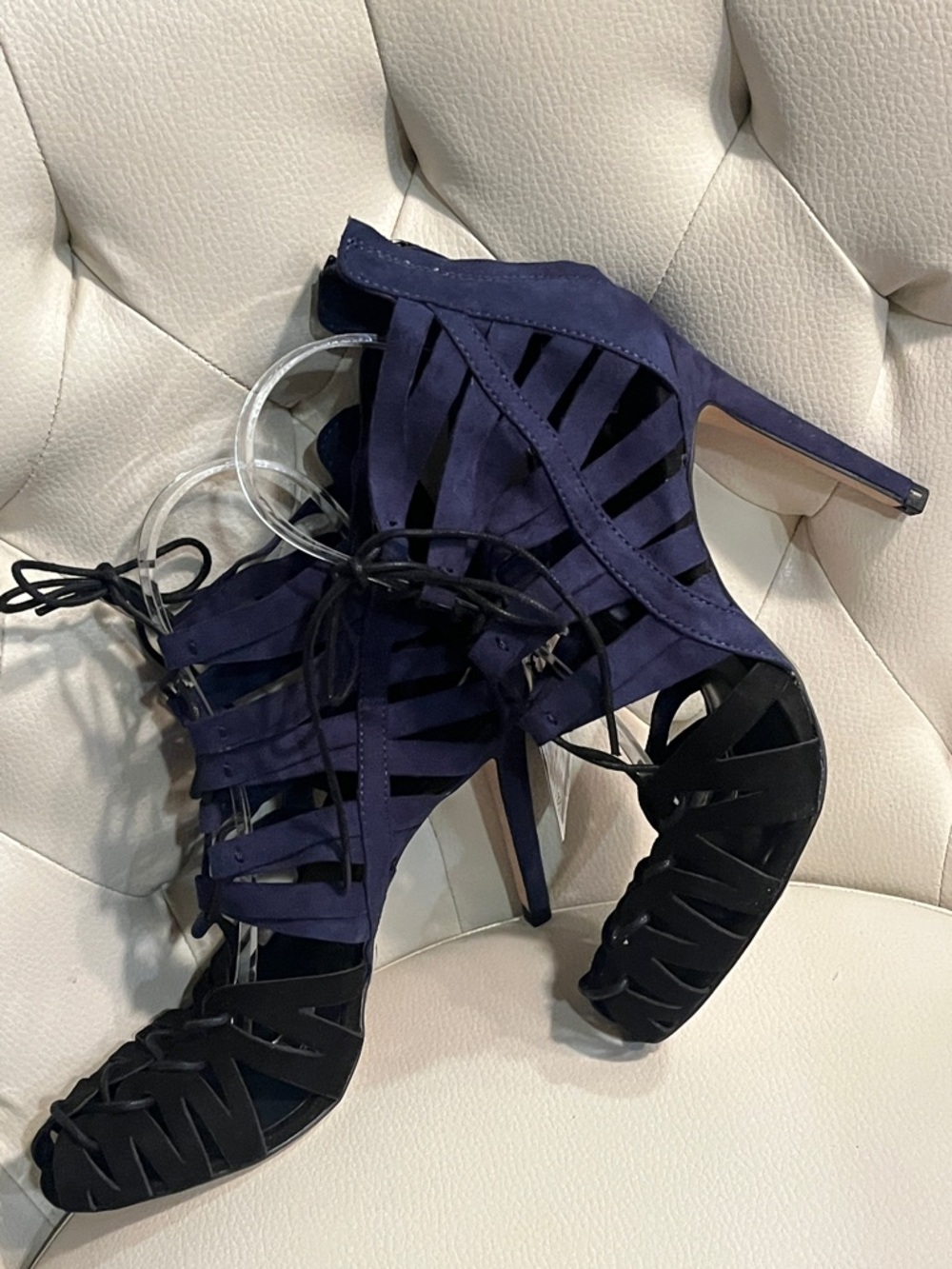 Zara Navy Black Suede Strappy Lace-Up Stiletto Sandals bootie Size  7.5